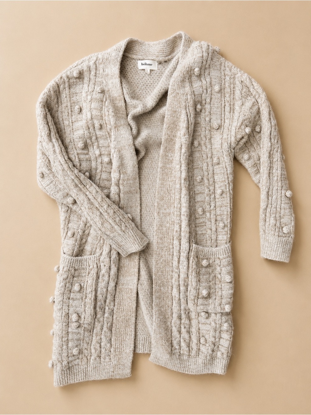 Böhme Cream Cable Knit Pom Pom Long Cardigan Sweater S